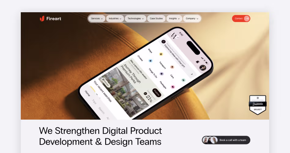 Fireart Studio homepage — creative product design and animation agency, #10 in Codeair Software Solutions's 2026 dashboard list