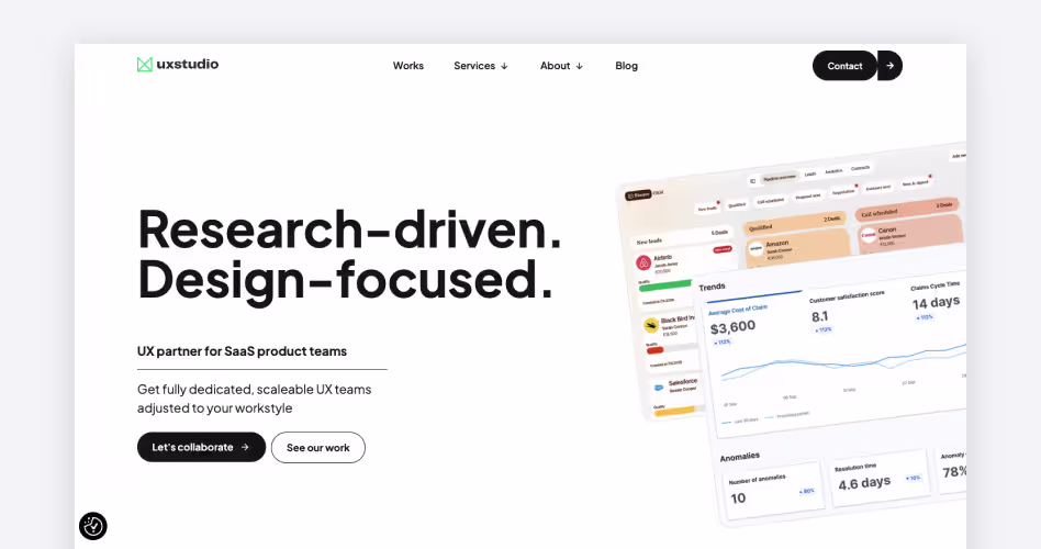 UX Studio homepage — research-driven UX partner for SaaS teams, #8 dashboard design agency in the Codeair Software Solutions guide