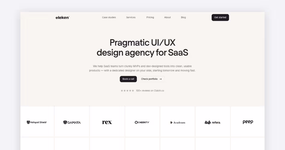 Eleken homepage — pragmatic SaaS UI/UX agency, #3 dashboard design agency in the Codeair Software Solutions 2026 guide
