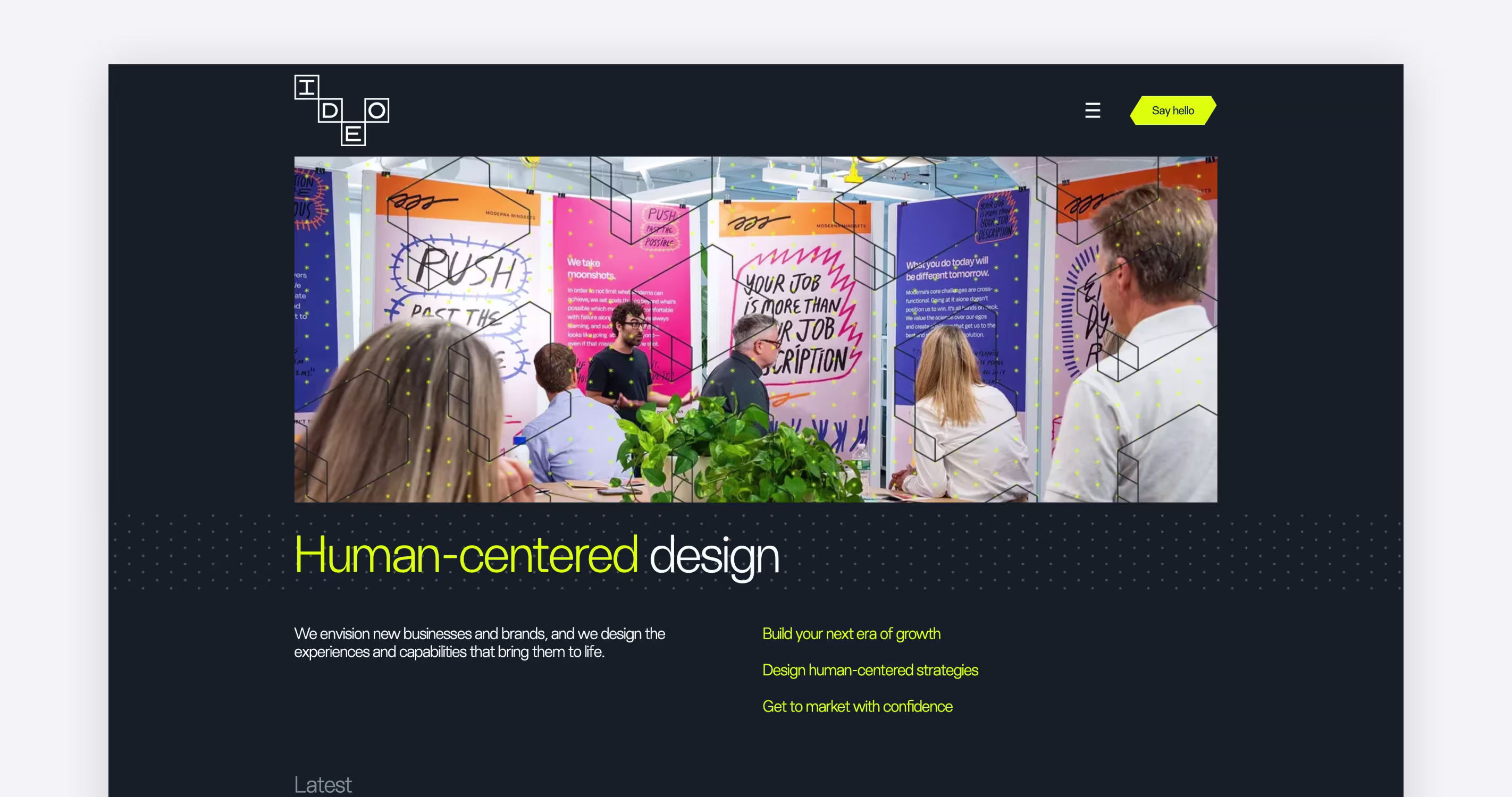 IDEO design agency homepage featuring design thinking and innovation services