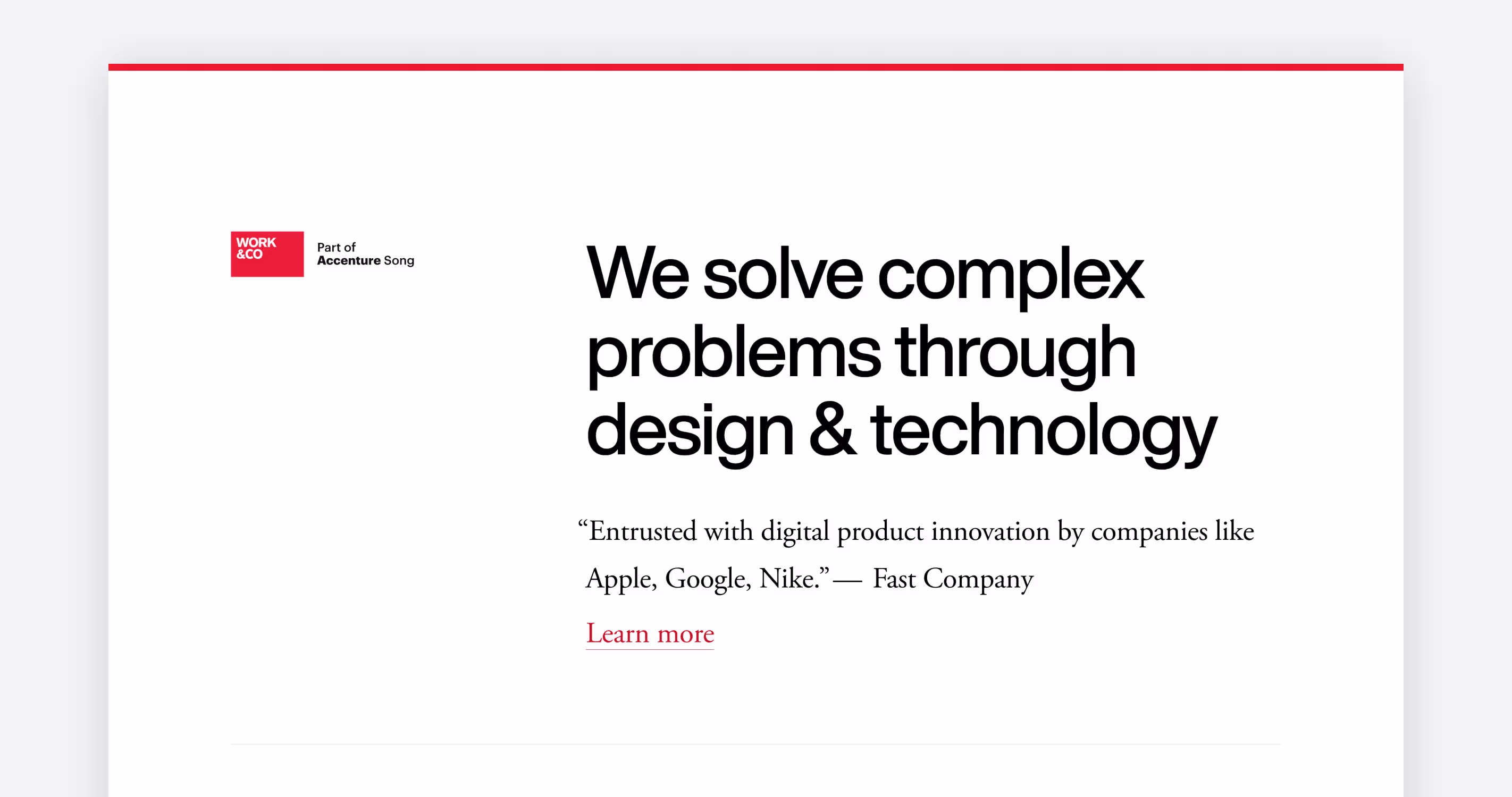Work and Co homepage screenshot showcasing product design and technology services for digital products