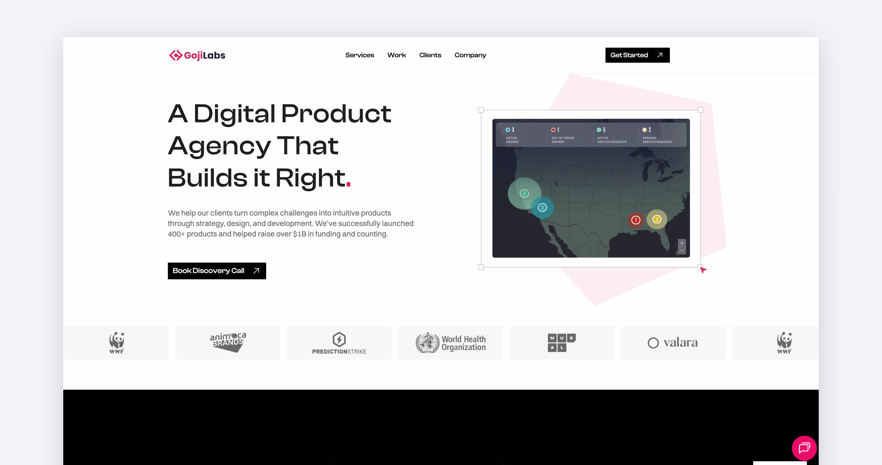 Goji Labs homepage screenshot highlighting digital product strategy design and development services