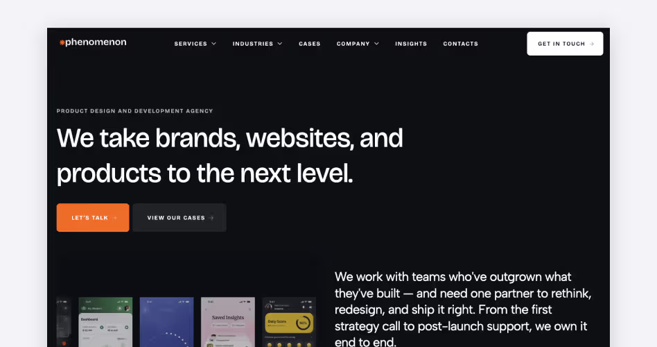 Phenomenon product design and development agency homepage showing hero section with 'We take brands, websites, and products to the next level' tagline