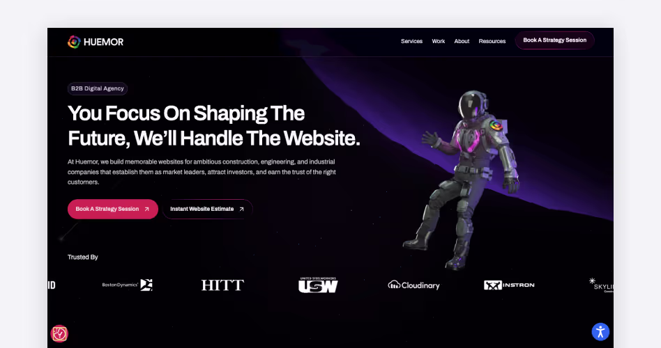 Huemor web design agency homepage — conversion-focused B2B design agency featured in the top web design companies guide