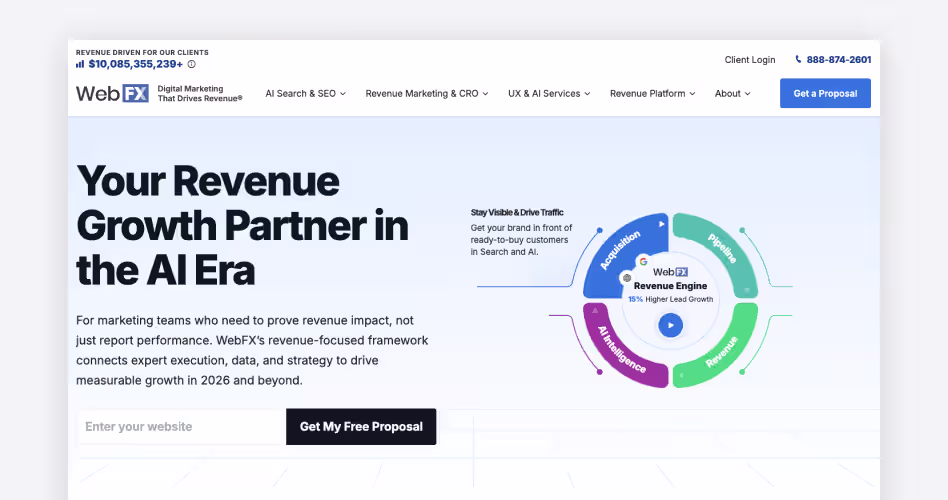 WebFX web design agency homepage — revenue-focused digital marketing agency featured in the top web design companies guide
