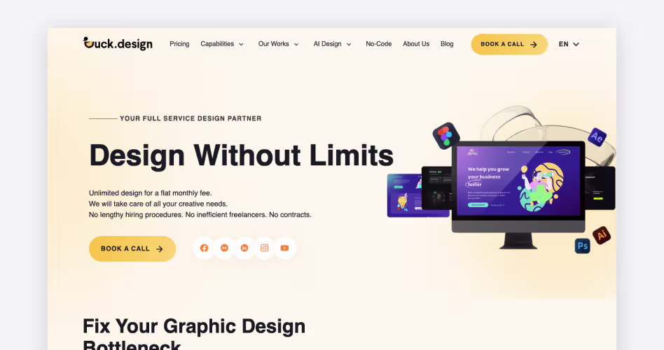 Duck.design homepage showcasing unlimited graphic design subscription services, creative design solutions, and full-service design partner for businesses.