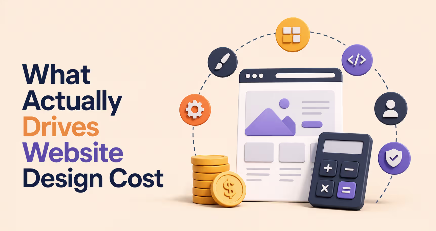 Illustration showing the key factors that drive website design cost, including custom UI/UX design, development, integrations, content strategy, security, and project complexity for B2B SaaS websites.