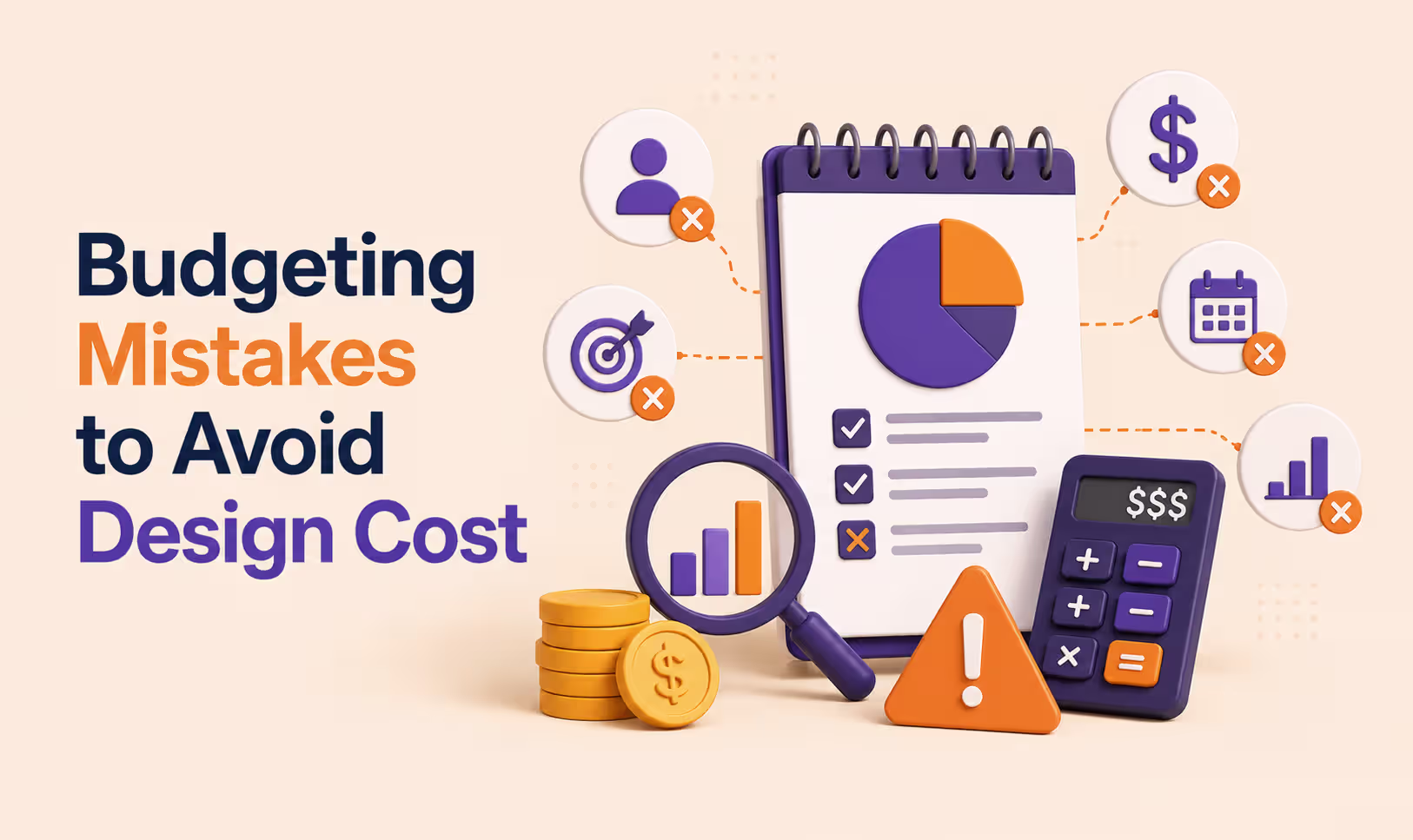 Common website design budgeting mistakes illustrated with project planning, budget analysis, calculator, and warning icons to help businesses avoid unnecessary website development costs.
