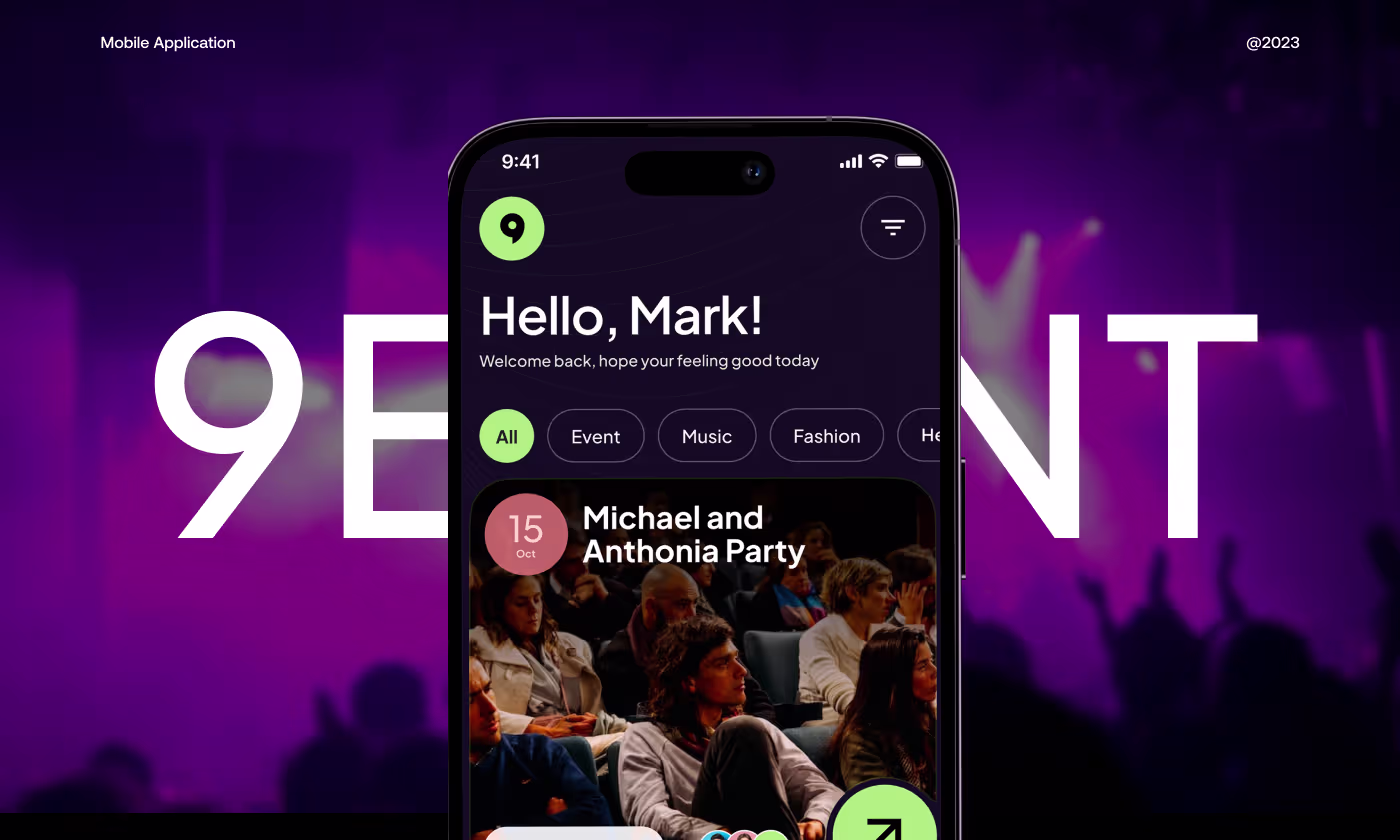 9Events mobile app UI design by Codeair Software Solutions featuring event discovery and ticket booking interface for local event platform