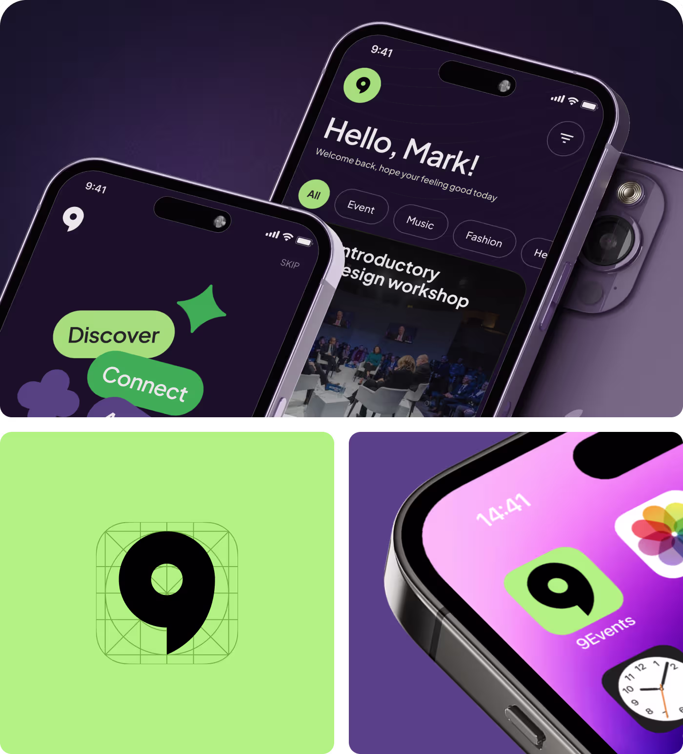 9Events app screens designed by Codeair Software Solutions displaying event search and discovery interface for event organizers and attendees