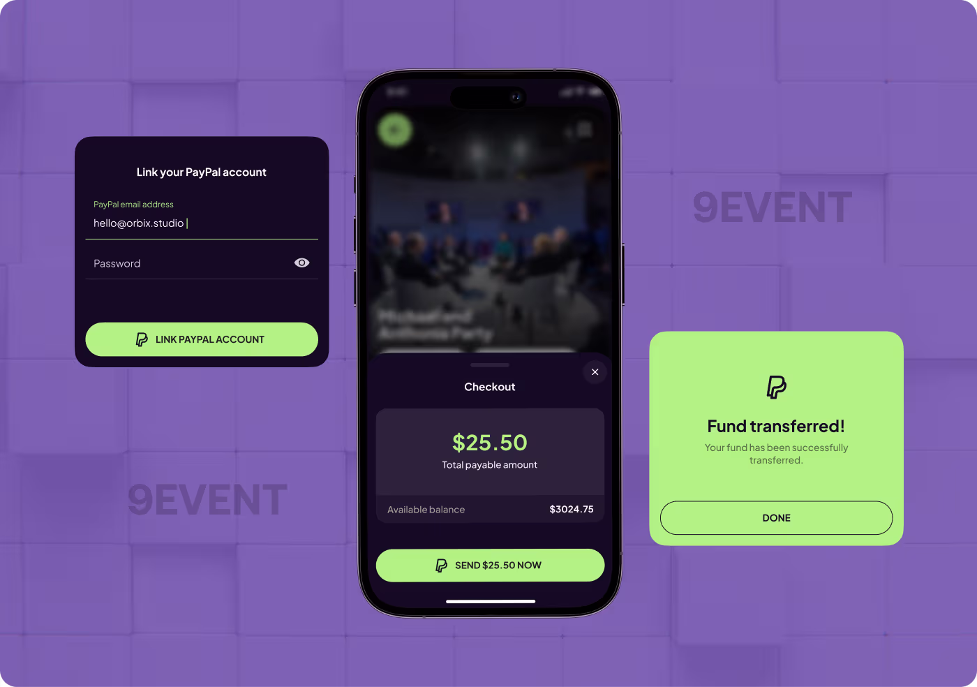 Codeair Software Solutions refinement process for 9Events showing strengthened visual cues and simplified booking path stages