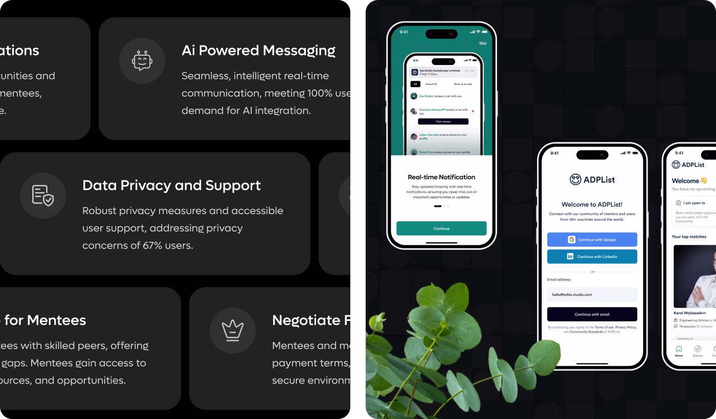 Codeair Software Solutions UX research for ADPList analyzing mentor discovery challenges and feature complexity across mentorship platform interactions
