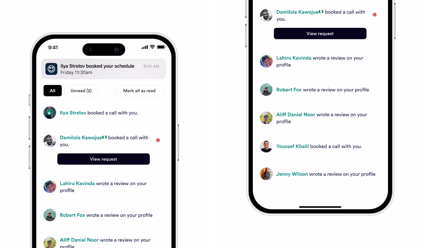 ADPList mobile app notification screens by Codeair Software Solutions showing mentor booking requests, profile reviews, and call scheduling interface for professional mentorship