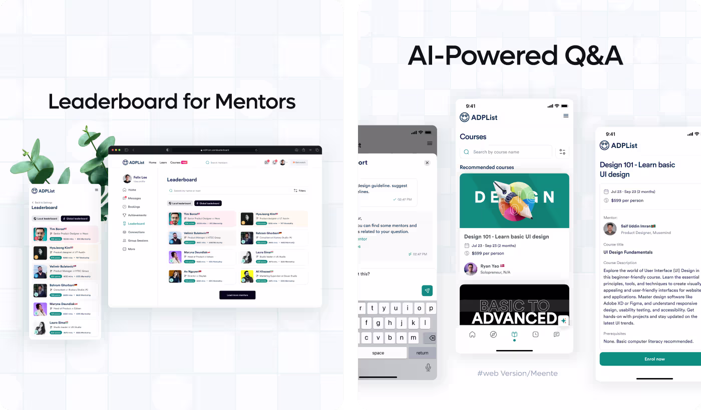 ADPList AI-powered interaction design by Codeair Software Solutions showing mentor recommendations, guided messaging, and onboarding flow for mentorship platform