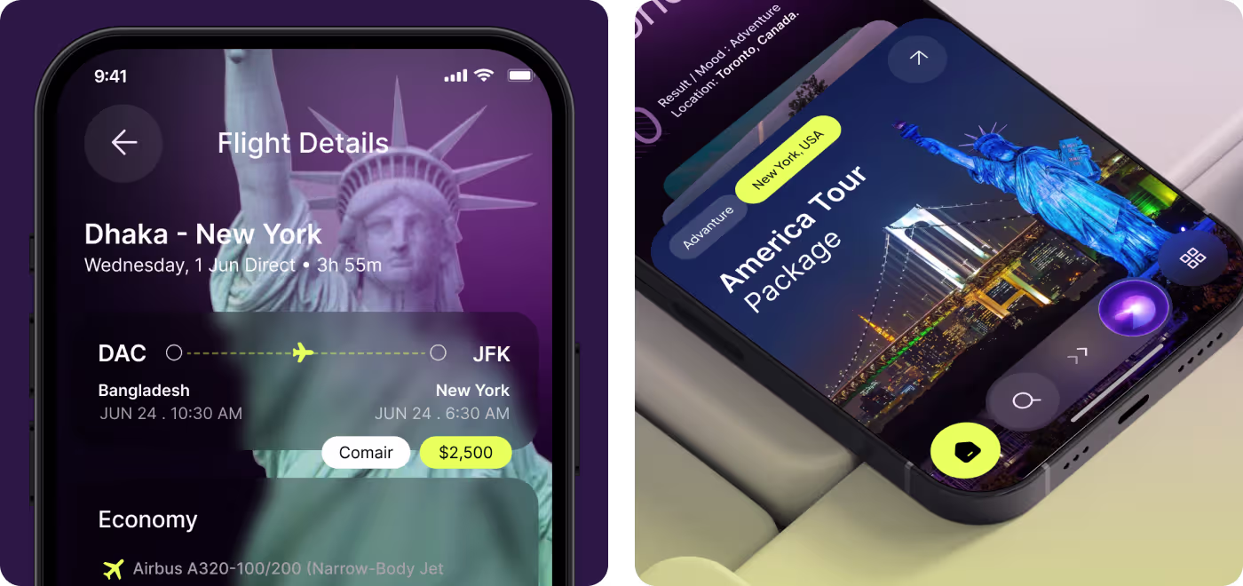 AI Travel Booking app onboarding screens by Codeair Software Solutions showing purple gradient AI chat interface with airplane visuals and AiTravel branding for trip discovery