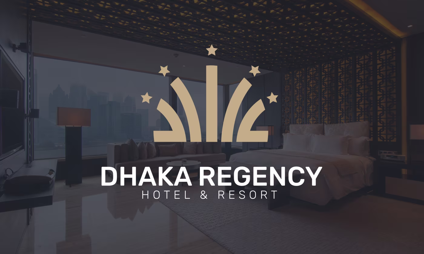 Dhaka Regency Hotel & Resort premium brand design case study thumbnail by Codeair Software Solutions showing gold star logo and black branding for luxury five-star hotel in Dhaka, Bangladesh