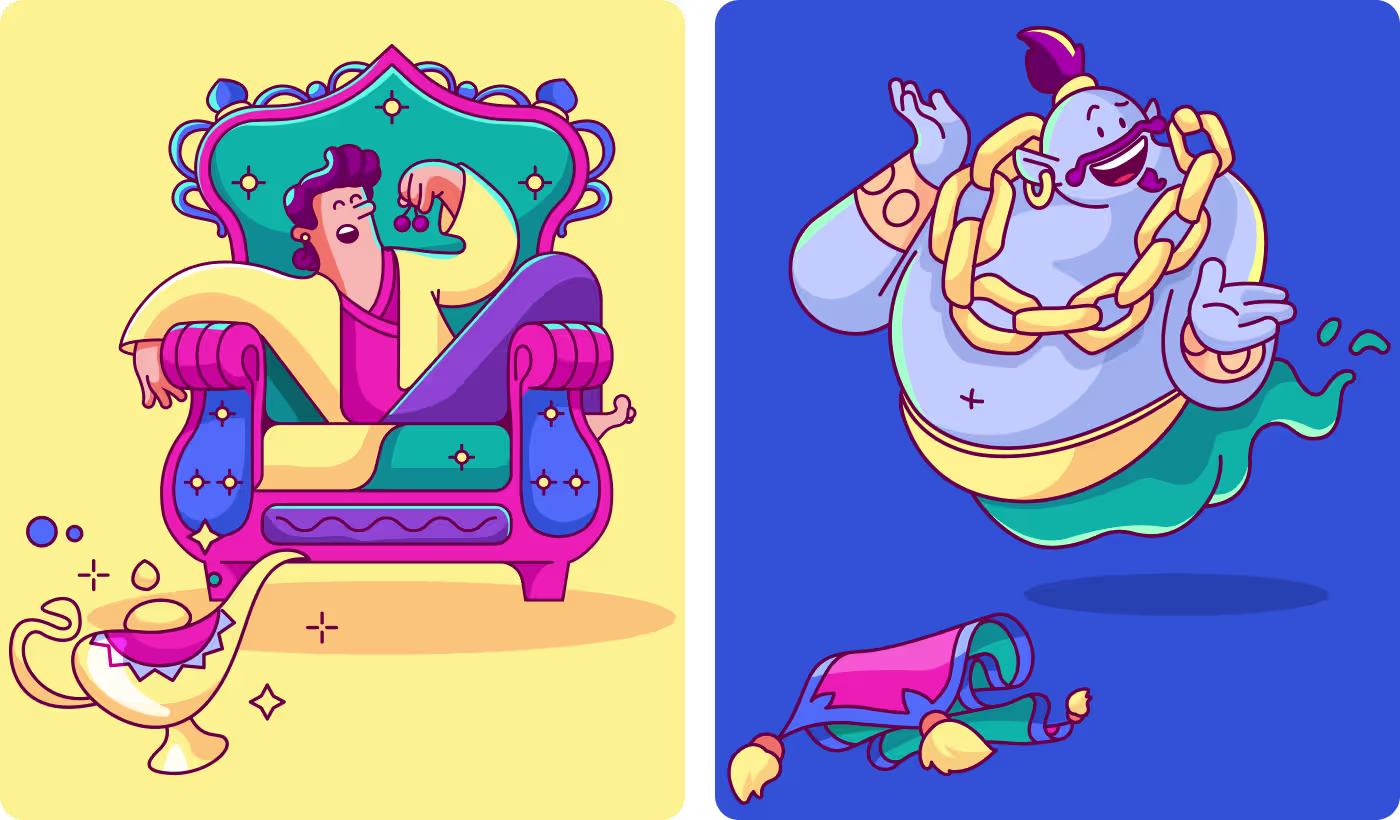 Genie character illustration with cluttered background before redesign by Codeair Software Solutions