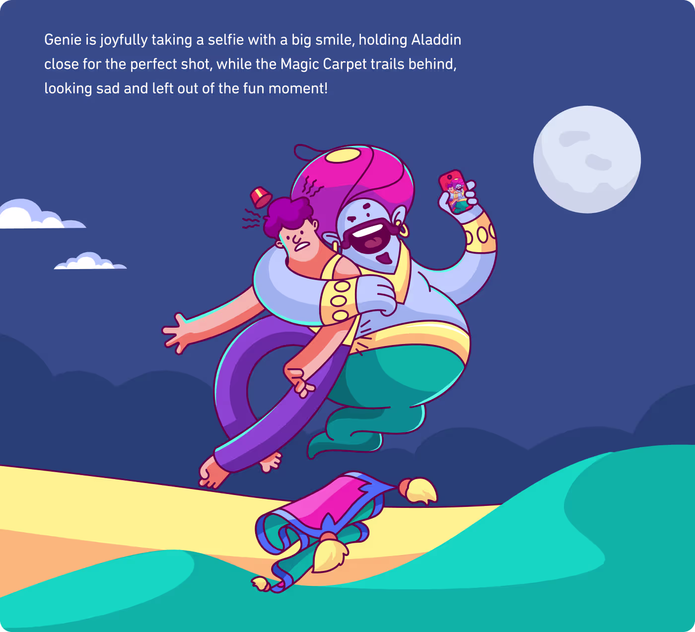 Aladdin and Genie storybook scene of the lamp-rubbing moment by Codeair Software Solutions