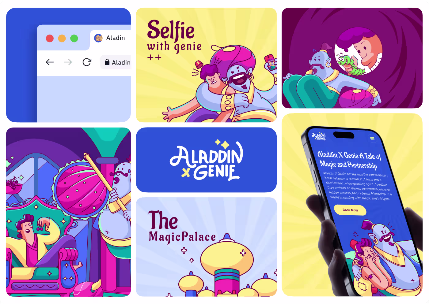 Aladdin and Genie redesigned with expressive emotions and clean backgrounds by Codeair Software Solutions