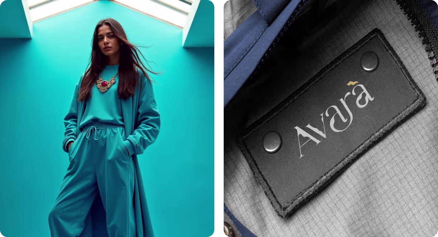 Avara fashion brand model wearing teal outfit with product tag design by Codeair Software Solutions