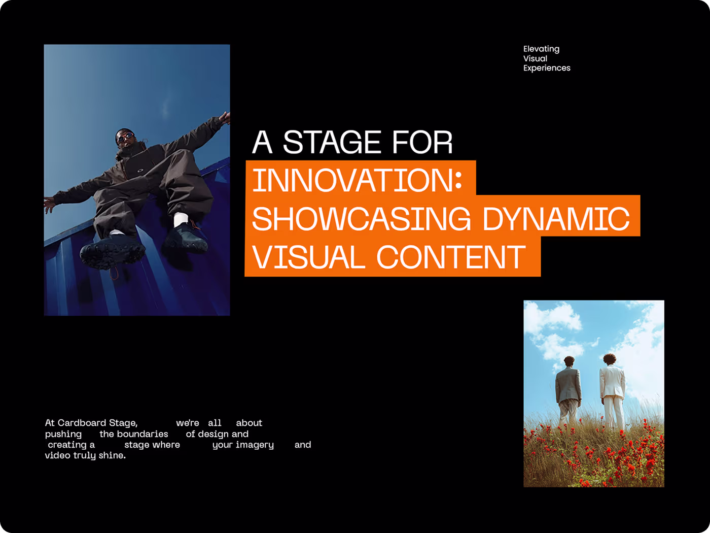 Cardboard Stage solution by Codeair Software Solutions showing bold industrial typography and geometric shapes contrasting organic human movement