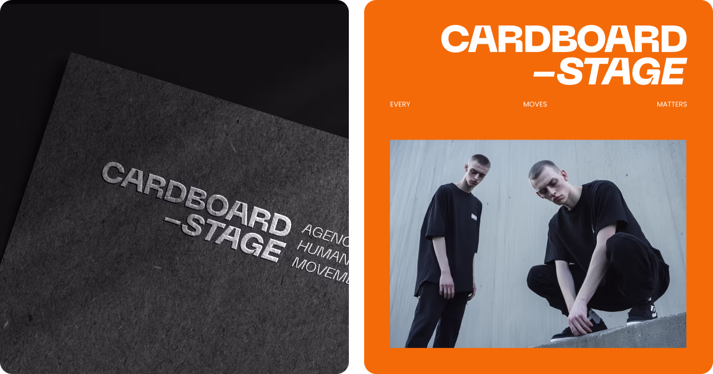 Codeair Software Solutions high-contrast visual toolkit for Cardboard Stage showing structural color framework grounding raw human motion photography