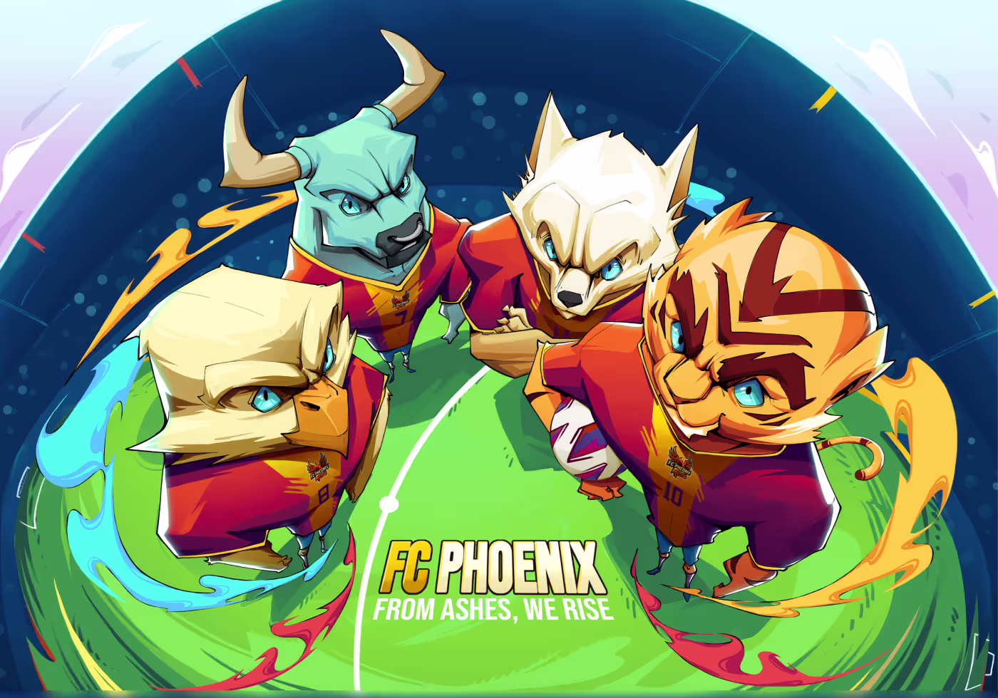 FC Phoenix Champions of the Flames animal soccer team illustration by Codeair Software Solutions featuring anthropomorphic athletes with fire effects and high-energy sports action