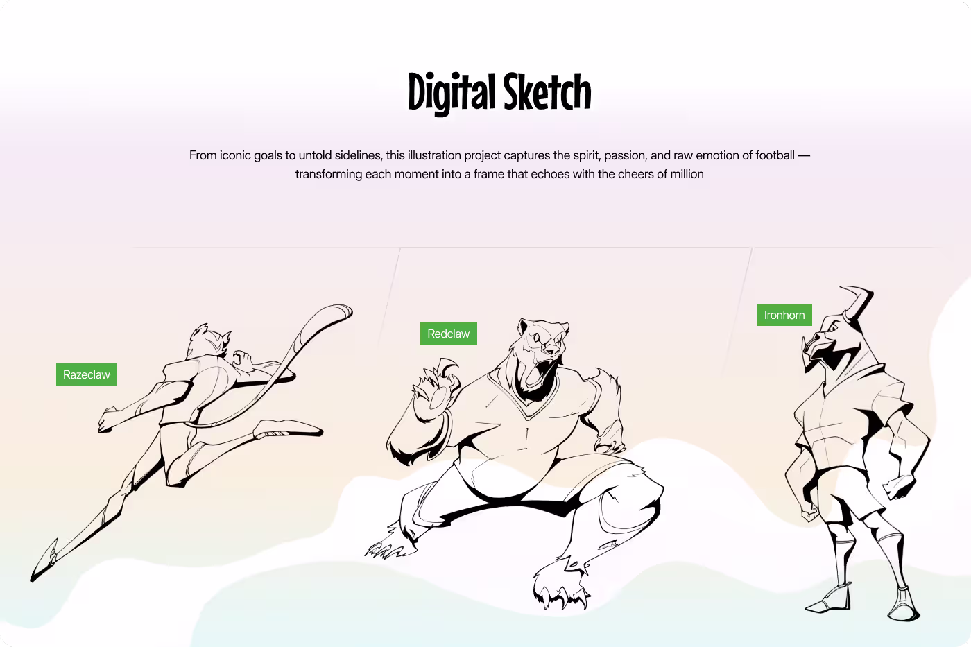 Codeair Software Solutions character roster preview for FC Phoenix showing anthropomorphic athletes in high-impact football action scenes