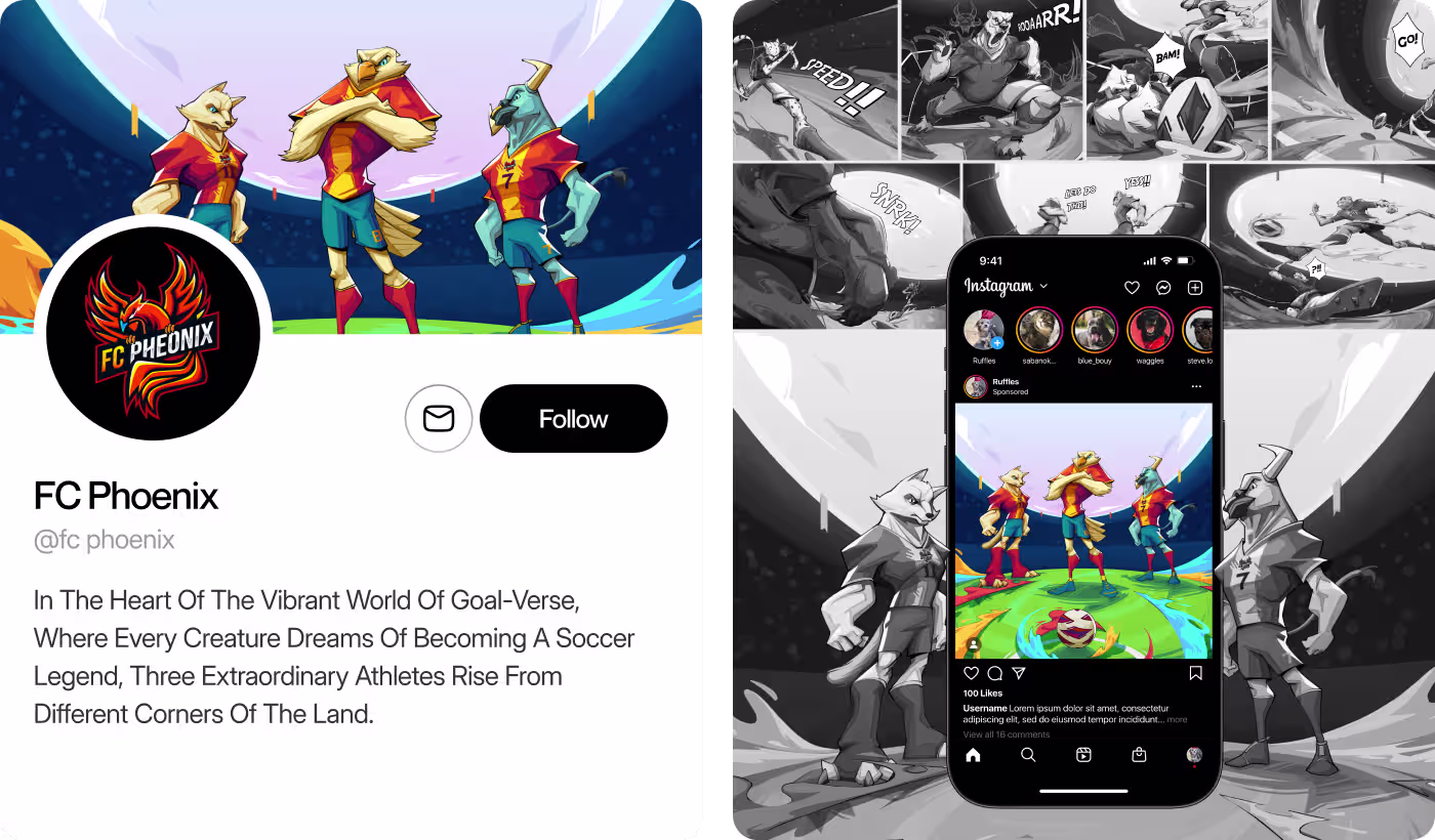 FC Phoenix solution by Codeair Software Solutions featuring complete team branding with stadium backdrops, logos, and matching social media layouts