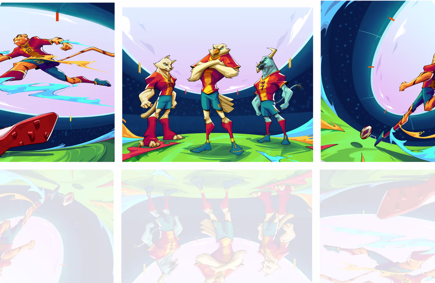 Codeair Software Solutions case study showing FC Phoenix design challenge of capturing dynamic soccer action and unified team identity in animal character illustrations