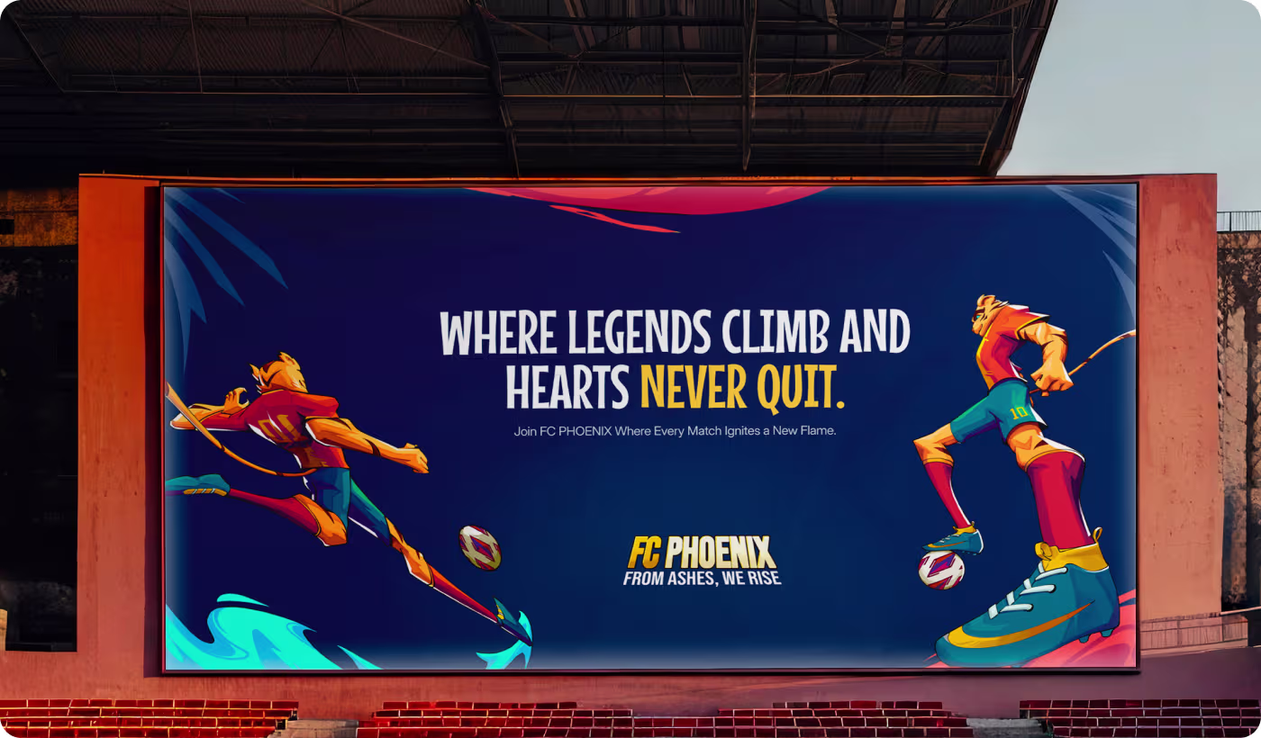 FC Phoenix stadium billboard design by Codeair Software Solutions featuring animal soccer players in action with 'Where Legends Climb and Hearts Never Quit' tagline and 'From Ashes, We Rise' team motto