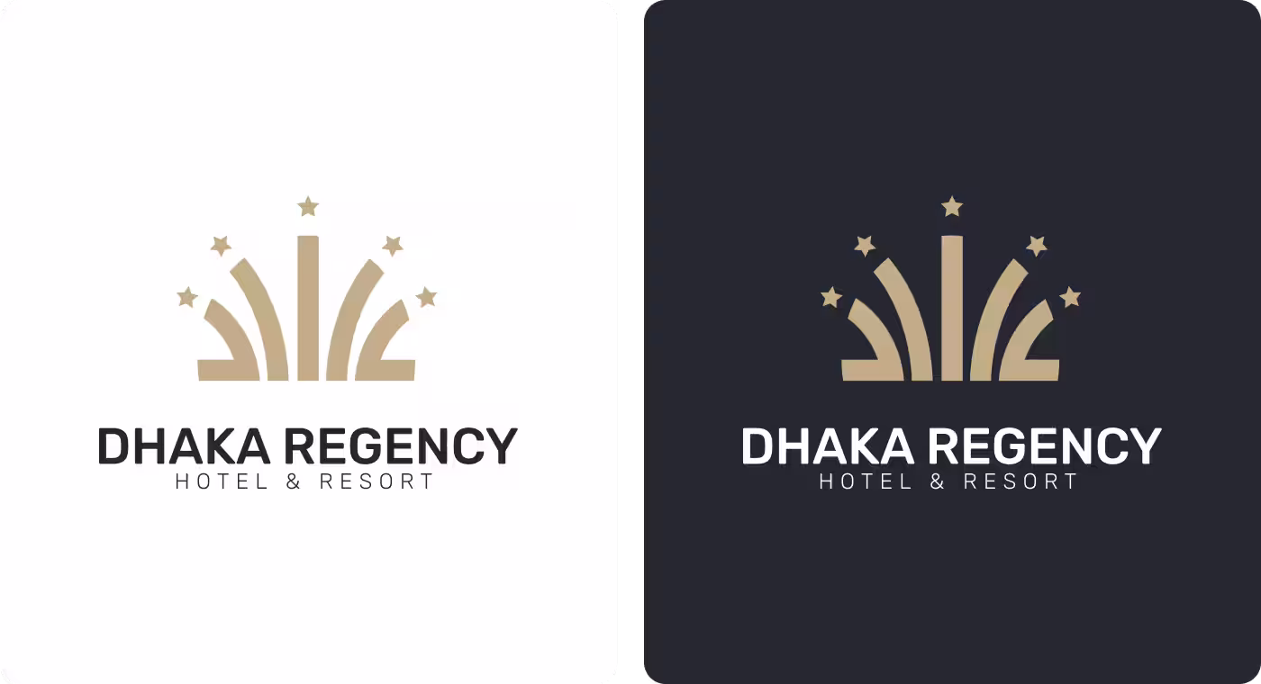 Dhaka Regency gold star logo variations designed by Codeair Software Solutions in multiple design applications for premium five-star hotel branding in Dhaka