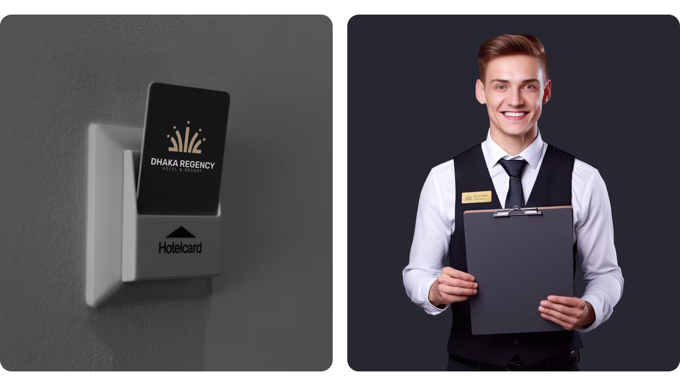 Codeair Software Solutions brand touchpoints implementation for Dhaka Regency hotel showing gold logo applied to luxury keycards, signage, and resort materials in Bangladesh