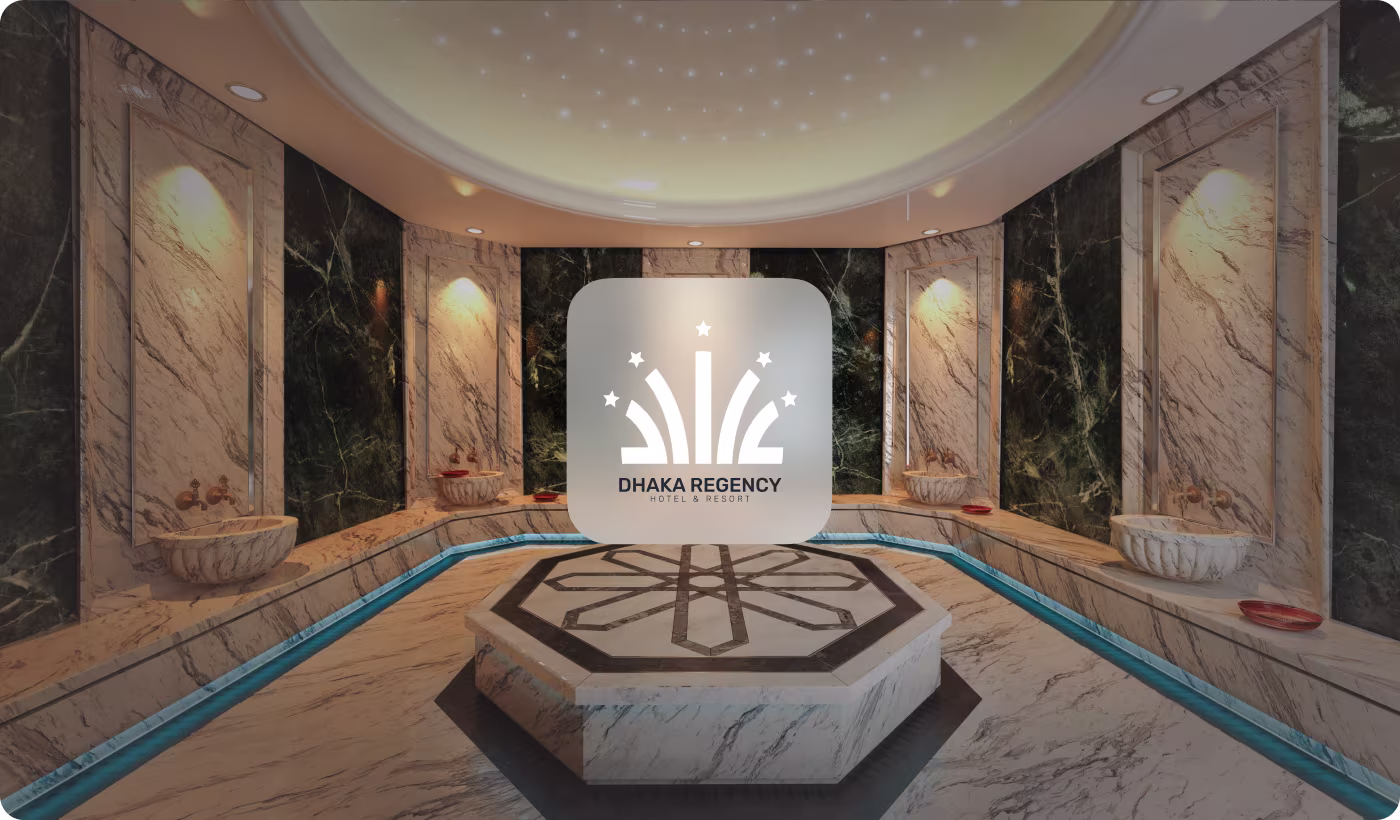 Dhaka Regency Hotel & Resort luxury spa and wellness center featuring prominent white star logo by Codeair Software Solutions displayed on marble walls with ambient lighting and water features for premium five-star guest experience in Dhaka, Bangladesh