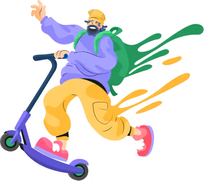 Fastgo Scooty character illustration by Codeair Software Solutions showing rider on electric scooter representing frictionless urban commuter app design