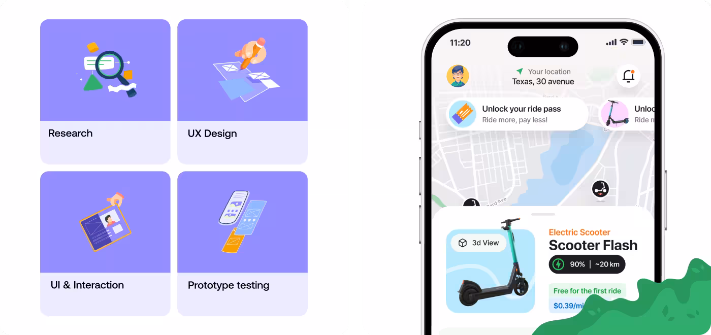Fastgo Scooty app screens designed by Codeair Software Solutions displaying nearby scooter map and quick booking interface for urban commuters