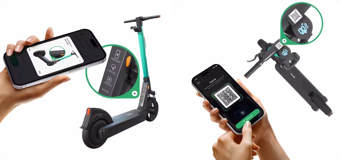 Fastgo Scooty app unlock interface by Codeair Software Solutions showing phone AR scanning view paired with physical e-scooter, plus QR code scan screen to activate ride