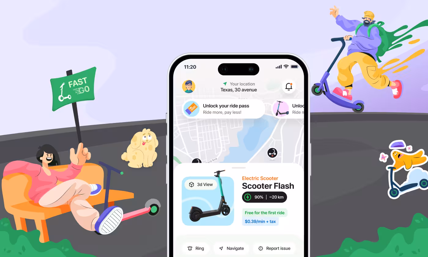 Fastgo Scooty home screen mockup by Codeair Software Solutions showing electric scooter details, ride pass unlock, and location map surrounded by playful brand character illustrations