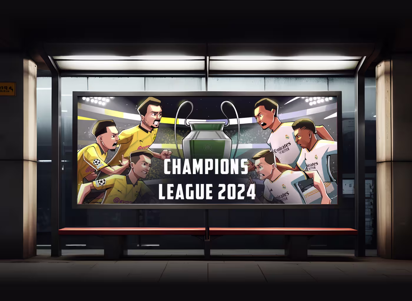 Codeair Software Solutions character illustration for Champions League showing detailed player jerseys with Sancho, Reus names and official sponsor logos