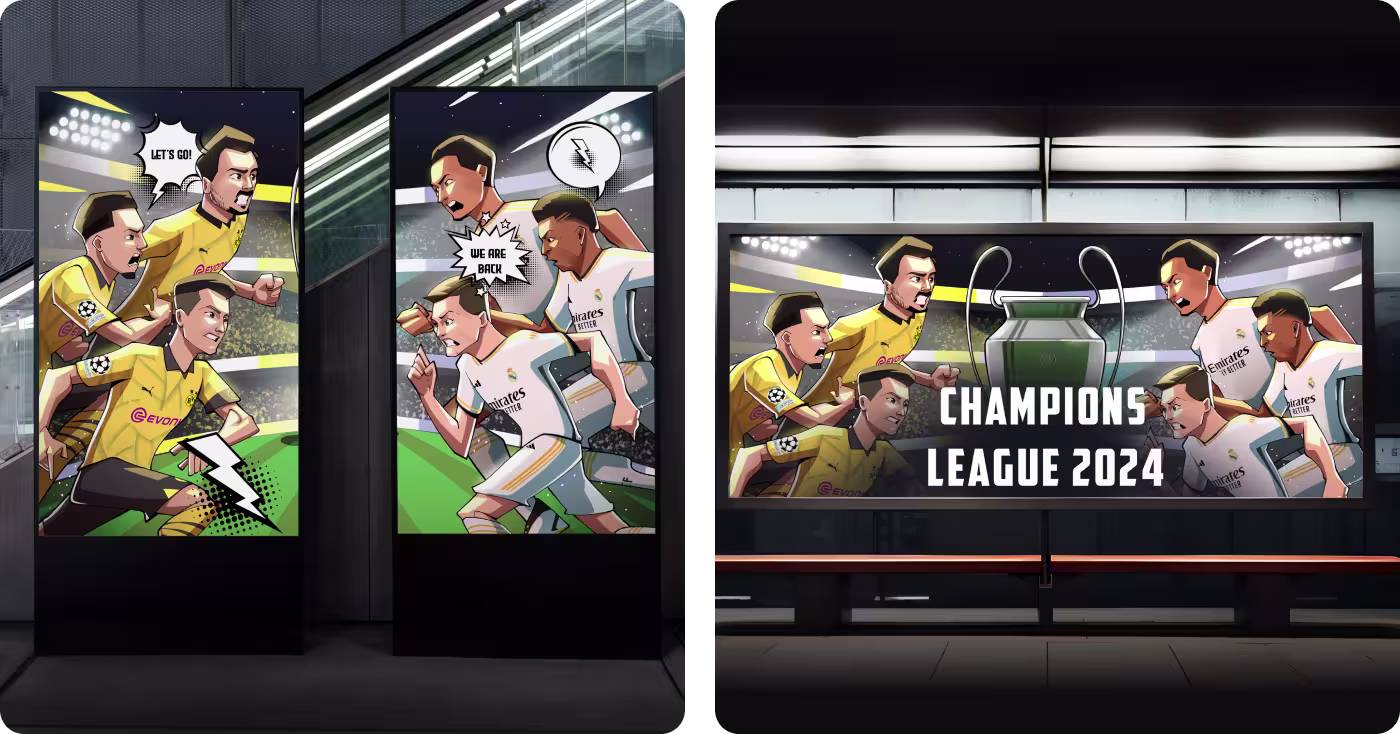 Codeair Software Solutions 4-step design process for Champions League showing story concepting, rough sketching, digital inking, and format testing stages