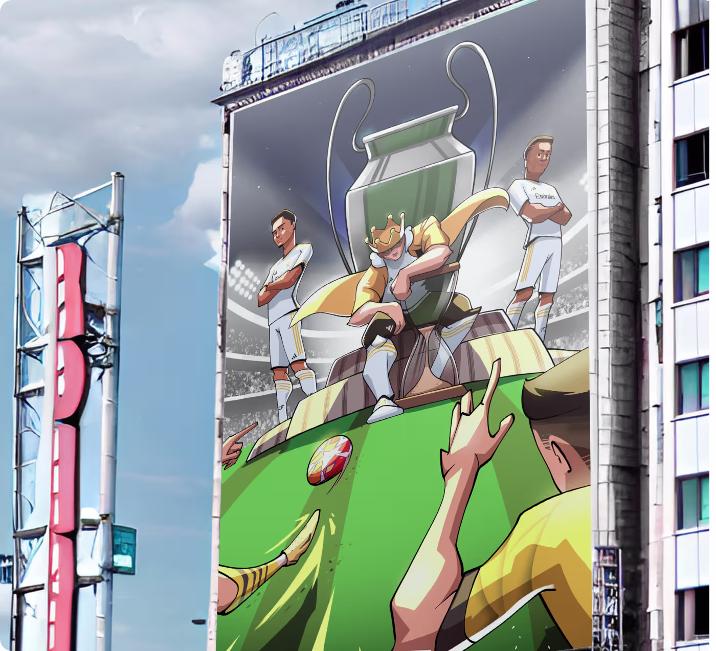 Champions League character design by Codeair Software Solutions showing Dortmund and Real Madrid players face-off beside Champions League trophy with tunnel scene