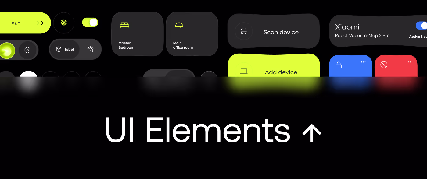 Gen.ho smart home app UI elements by Codeair Software Solutions showing black and neon green component library with device cards, toggles, and room selectors
