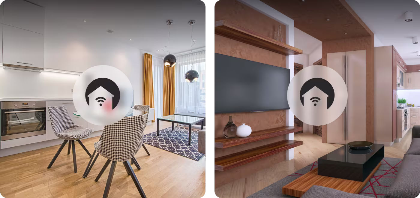 Gen.ho smart home branding by Codeair Software Solutions featuring app icon overlay on modern kitchen and living room interiors with wooden furniture and smart connectivity