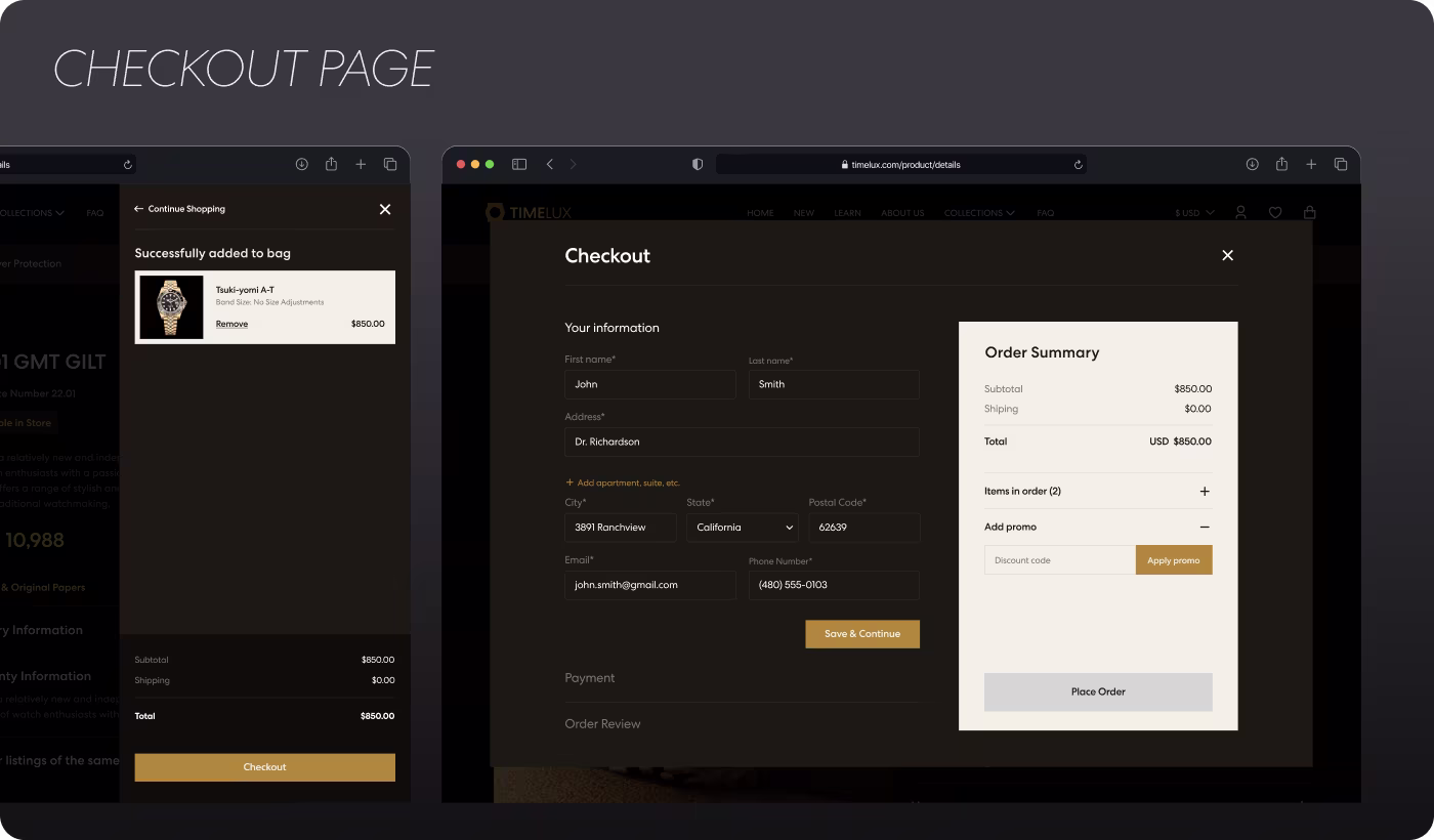 TIMELUX checkout page design by Codeair Software Solutions showing shopping cart summary, order details, and payment form for luxury watch purchase confirmation