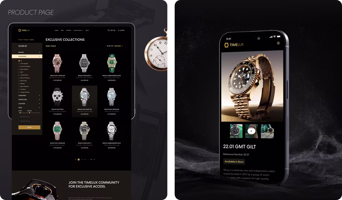 Codeair Software Solutions collection browsing design for TIMELUX showing simplified navigation for comparing luxury watch products and details