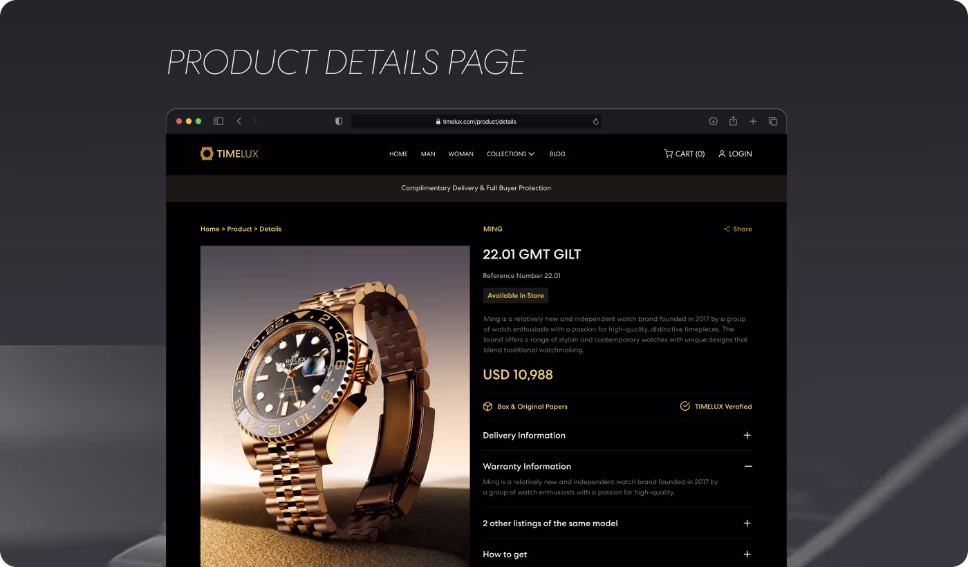 TIMELUX mobile shopping experience by Codeair Software Solutions showing optimized product galleries and simplified checkout interactions for luxury purchases