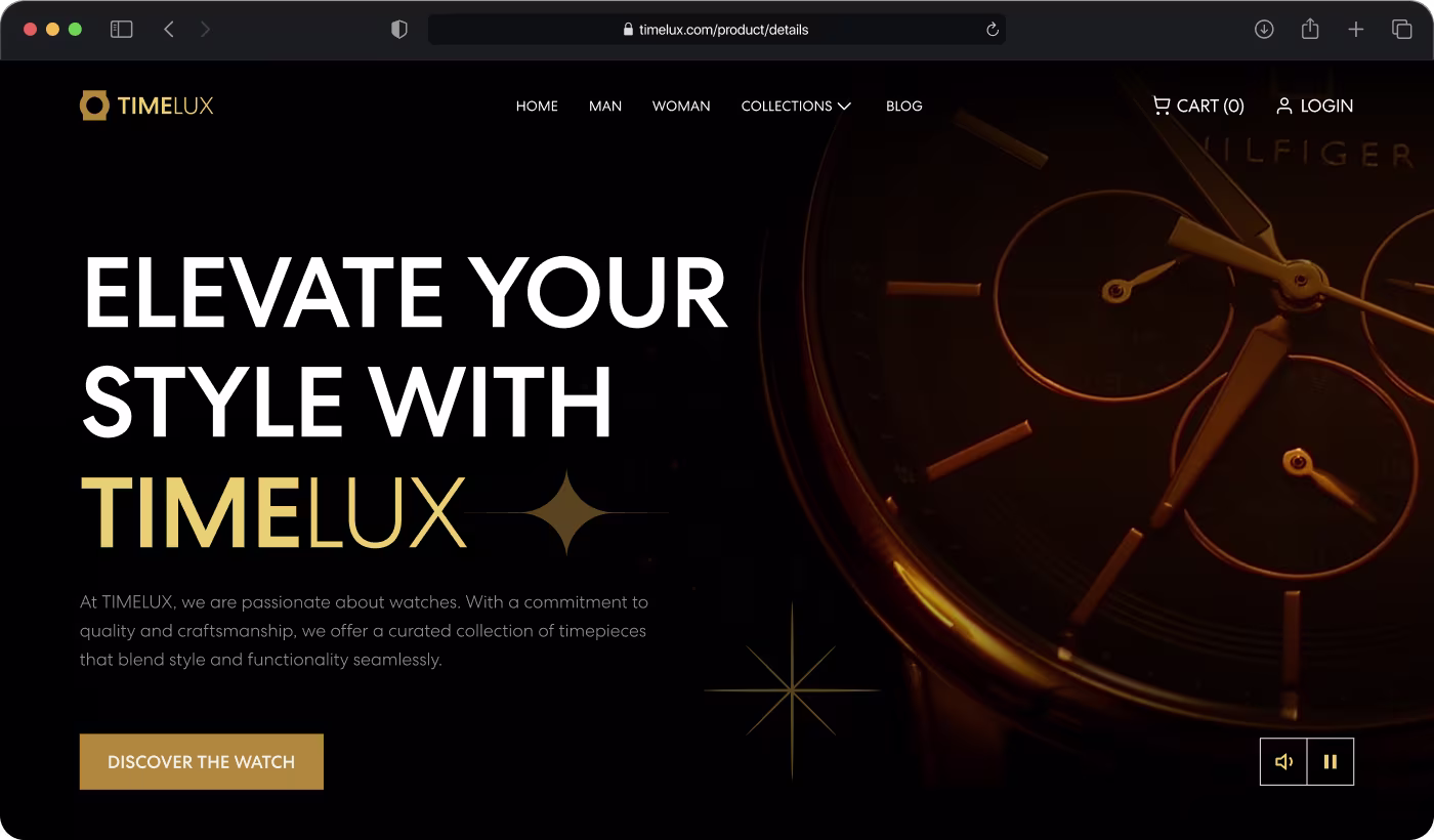 Codeair Software Solutions solution for TIMELUX featuring simplified product layouts, darker interface, gold accents, and smoother checkout flow for luxury e-commerce