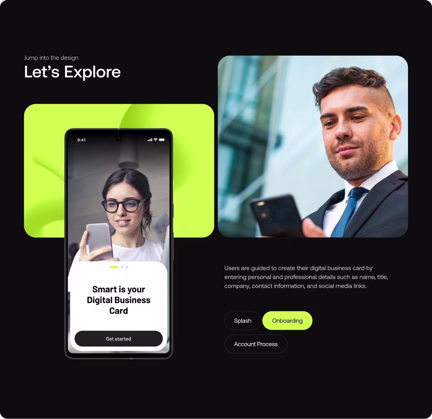 NexCard interactive mobile onboarding screen showing profile setup guidance by Codeair Software Solutions