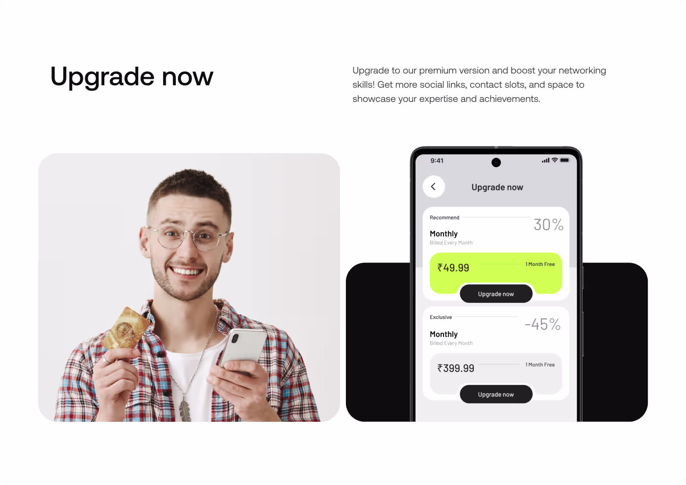 NexCard mobile subscription upgrade screen and membership plan interface by Codeair Software Solutions