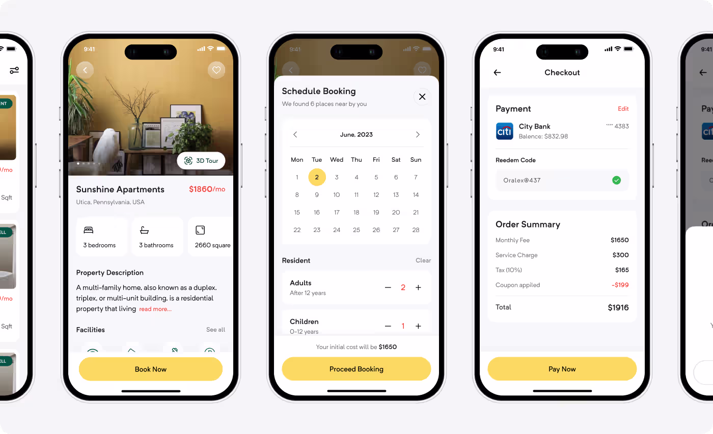 Orelax mobile app UI design by Codeair Software Solutions featuring property detail page, schedule booking calendar, and checkout payment screens for real estate rental